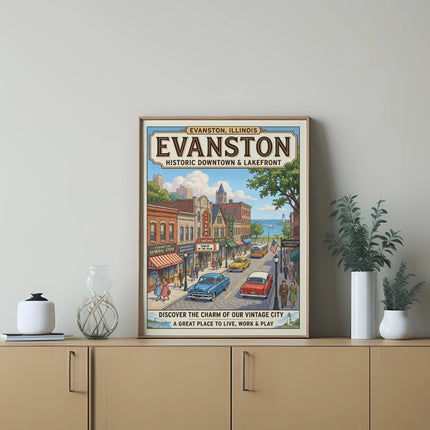 Vintage poster of Evanston, Illinois, historic downtown and lakefront scene.