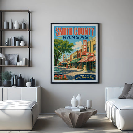 Poster for Smith County, Kansas, featuring a street scene with "SURF DRUG."