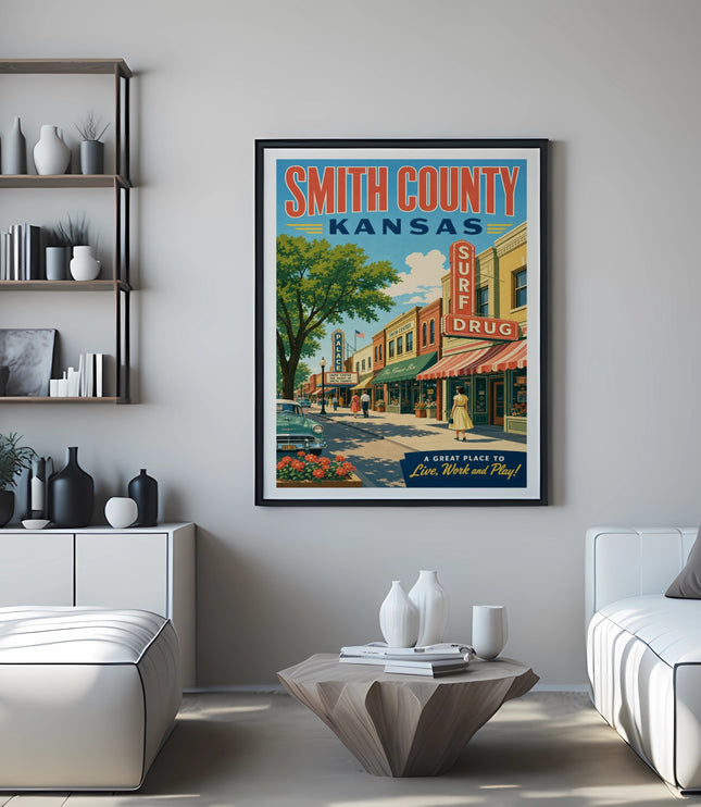Poster for Smith County, Kansas, featuring a street scene with "SURF DRUG."
