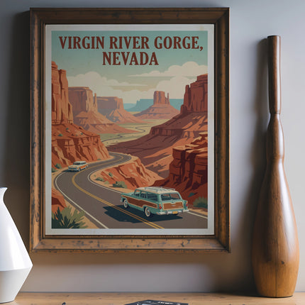 Vintage poster of Virgin River Gorge, Nevada with cars on a winding road.