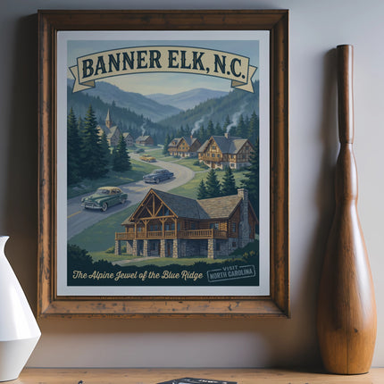 Vintage travel poster of Banner Elk, N.C. with mountains and log cabin.