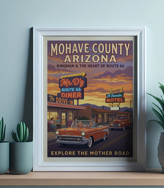Vintage poster with "Mohave County Arizona" and Route 66 diner scene.