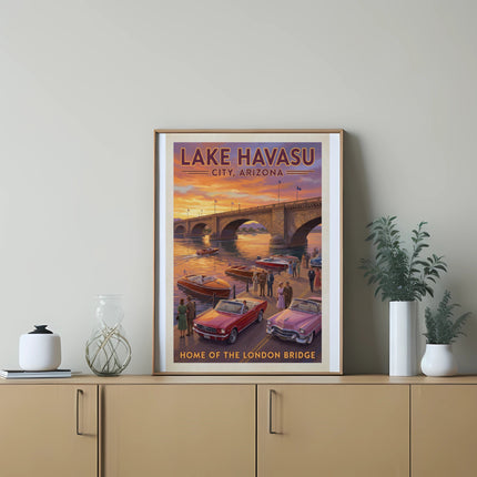 Lake Havasu City, Arizona poster featuring the London Bridge, boats, and vintage cars.
