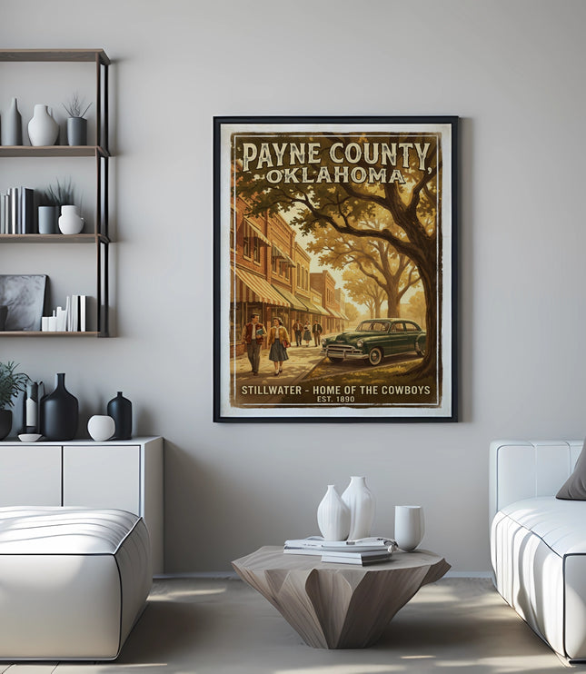 Framed "Payne County, Oklahoma" poster with vintage scene of street, building, car, and people.