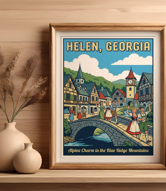 "Helen, Georgia" poster with "Alpine Charm in the Blue Ridge Mountains" text.