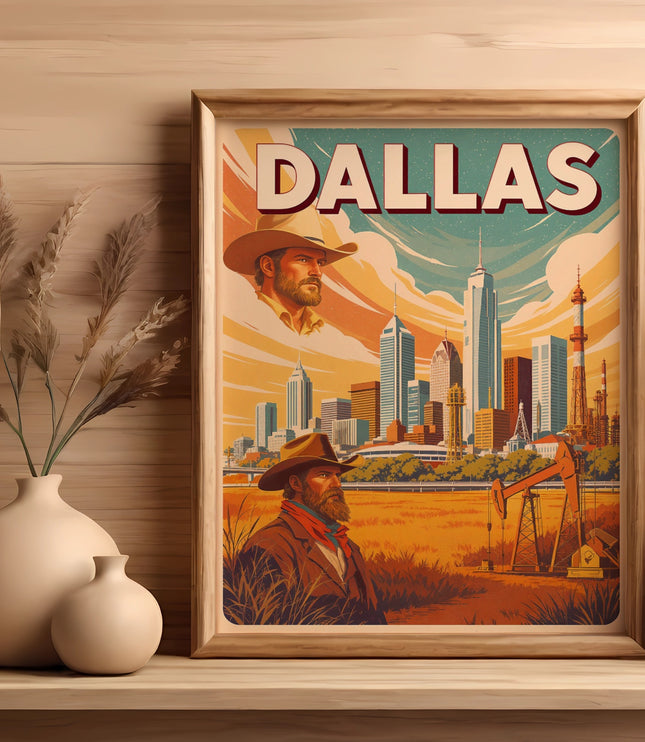Vintage Dallas skyline poster with oil rig and cowboys.