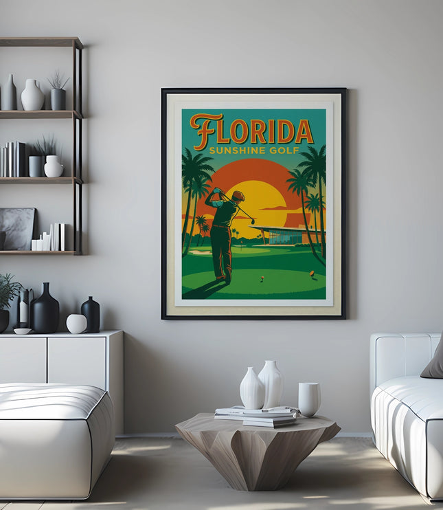 Vintage Florida Sunshine Golf poster with a golfer and palm trees.