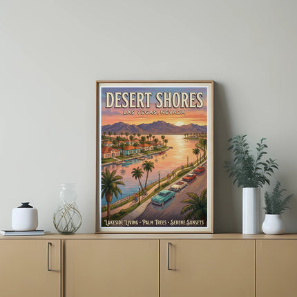 Desert Shores Las Vegas Nevada poster with lakeside scene, palm trees, and classic cars.