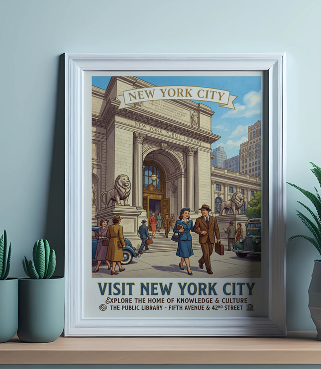 Vintage poster featuring the New York Public Library and text.