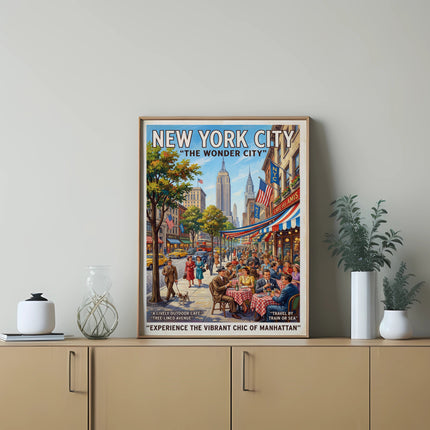 New York City "The Wonder City" vintage travel poster with outdoor cafe scene.