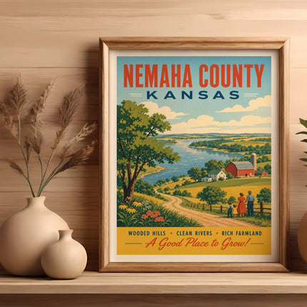 Nemaha County, Kansas vintage travel poster showing a rural landscape with a river and farm.