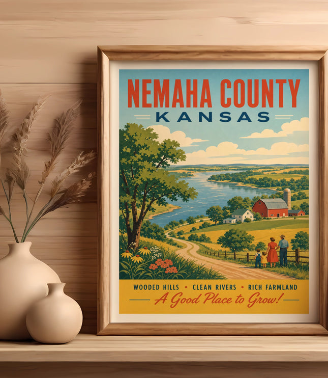 Nemaha County, Kansas vintage travel poster showing a rural landscape with a river and farm.