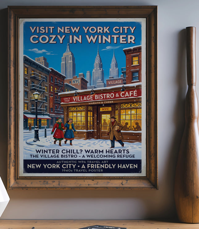 Vintage New York City travel poster with snow, Empire State Building, and Village Bistro.