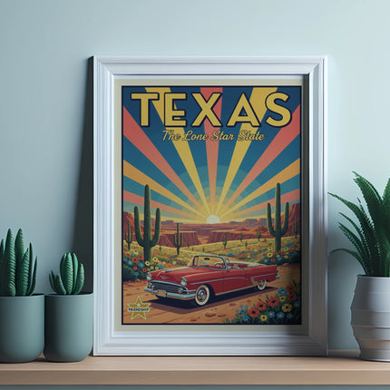 Framed Texas Lone Star State poster with a vintage car, cacti, and colorful sunset.