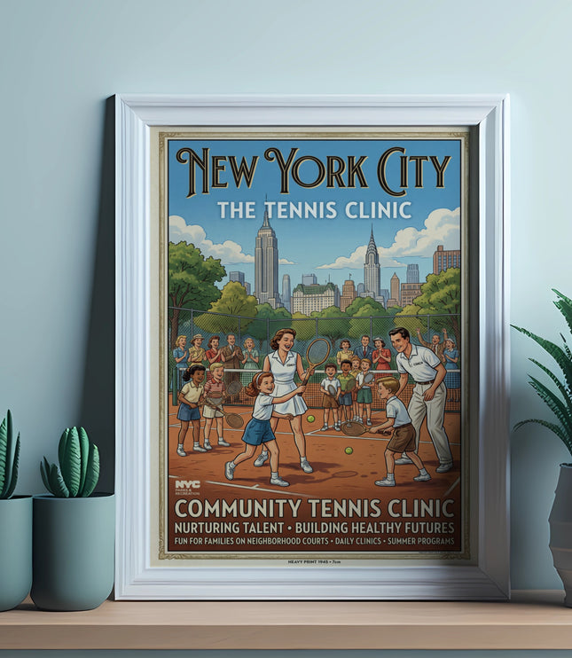 New York City Tennis Clinic poster featuring families playing tennis with city skyline in background.