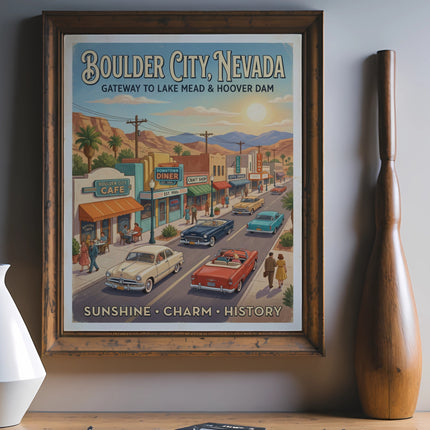 Vintage Boulder City, Nevada travel poster with text.