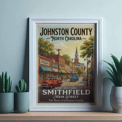 Johnston County, North Carolina poster featuring Smithfield Main Street with vintage shops and vehicles.