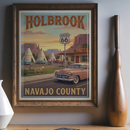 Vintage travel poster for Holbrook, Navajo County, featuring Route 66 icons and classic cars.