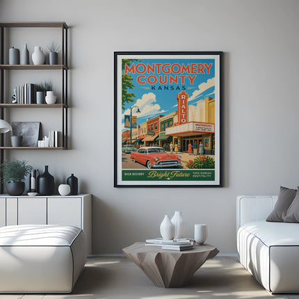 Vintage travel poster for Montgomery County, Kansas, featuring the Rialto theater.