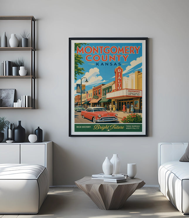 Vintage travel poster for Montgomery County, Kansas, featuring the Rialto theater.