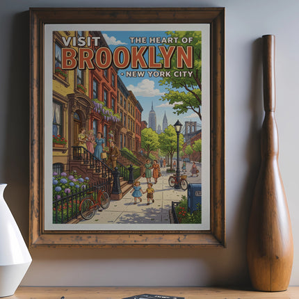Vintage travel poster for Brooklyn, New York City, with people and buildings.