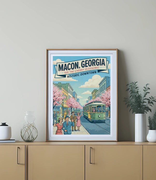 Macon, Georgia historic downtown poster with cherry blossoms and trolley.