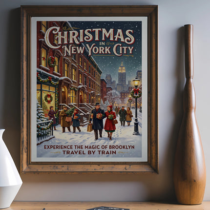 Christmas in New York City travel poster with snowy street scene.