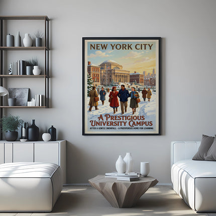 New York City poster depicting a university campus after snowfall.