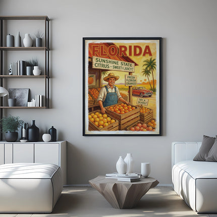 Florida citrus stand poster with oranges, text, and a farmer.