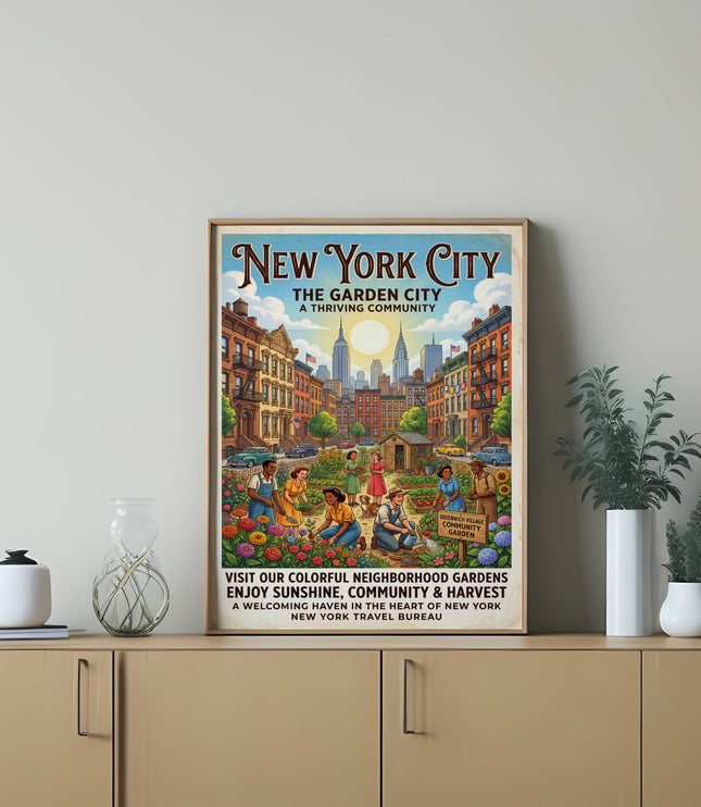 New York City retro poster depicting community gardens and city skyline.