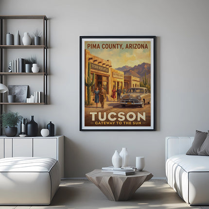 Tucson Gateway to the Sun vintage travel poster with mountains and desert scene.