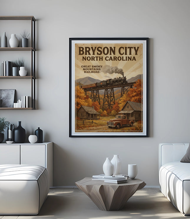 Framed poster of Bryson City, North Carolina and Great Smoky Mountains Railroad.