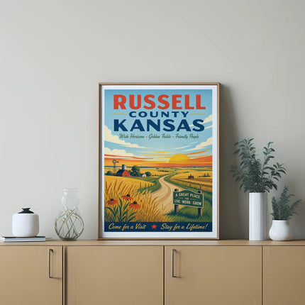 Russell County, Kansas poster with text about wide horizons and friendly people.