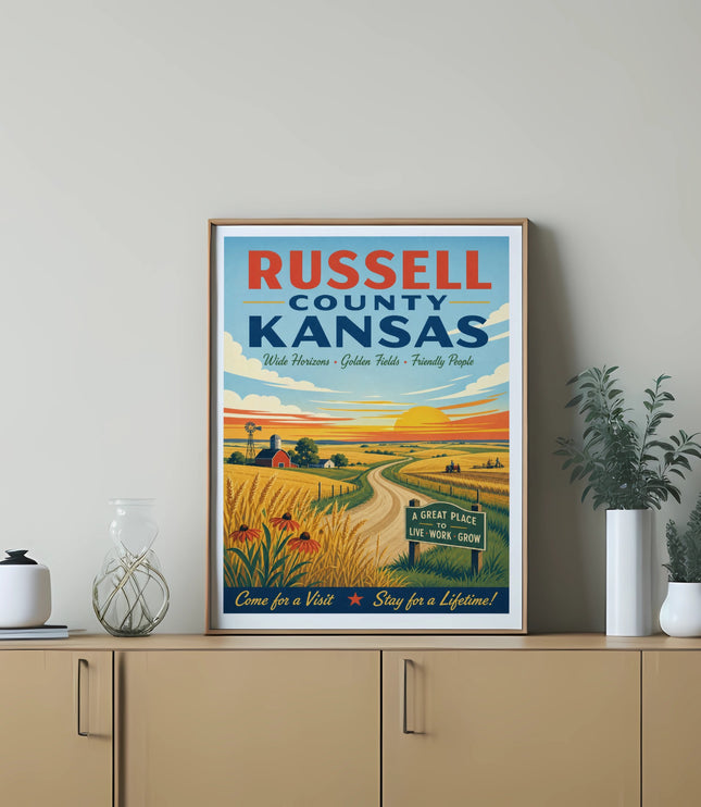 Russell County, Kansas poster with text about wide horizons and friendly people.