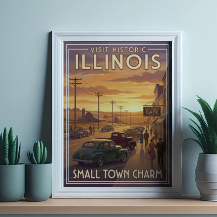 Vintage "Visit Historic Illinois Small Town Charm" poster with cars and cacti.