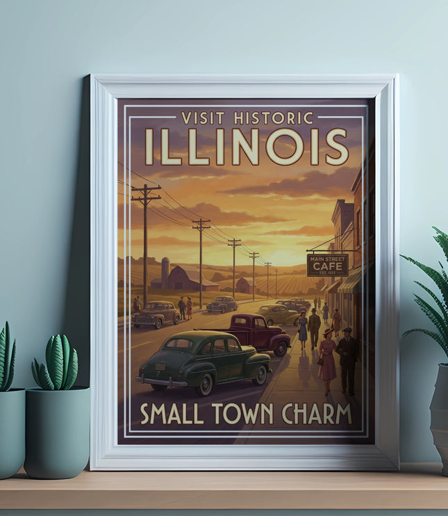 Vintage "Visit Historic Illinois Small Town Charm" poster with cars and cacti.