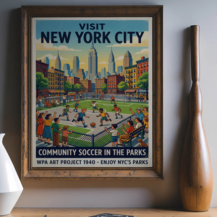 Vintage poster: Visit New York City, Community Soccer in the Parks.