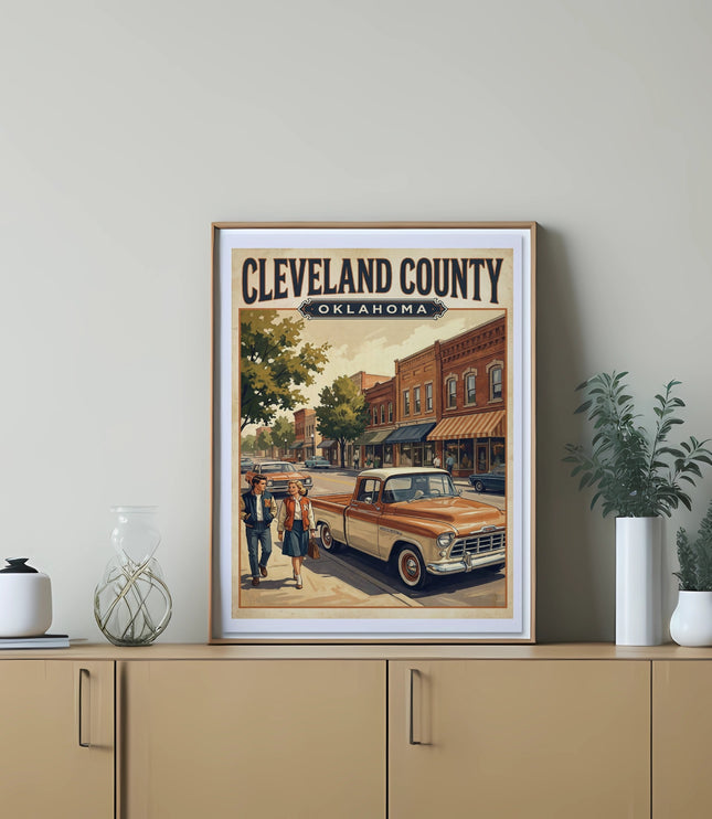 Cleveland County Oklahoma vintage illustration with a couple walking past a classic pickup truck.