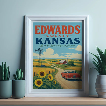 Vintage Edwards County Kansas poster with farm, windmill, sunflowers, and car.