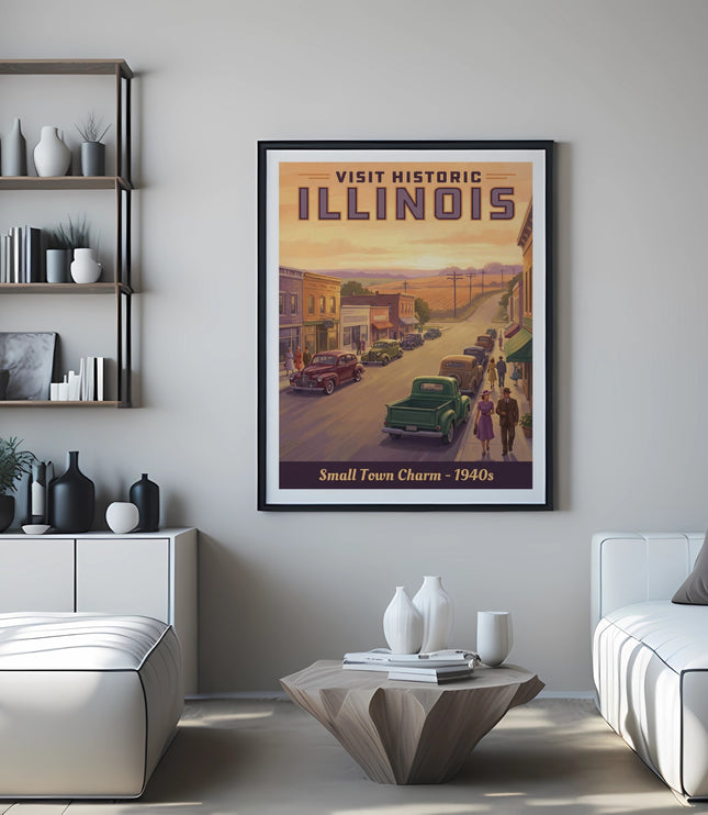 Vintage Illinois small town charm poster featuring cars and buildings.