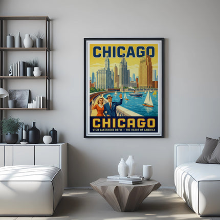 Chicago skyline poster with couple waving from a boat.