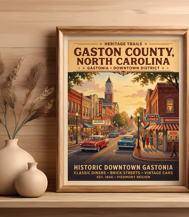 Poster of historic downtown Gastonia, NC with vintage cars and diners.