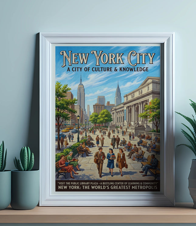 New York City poster featuring the Public Library Plaza and Empire State Building.