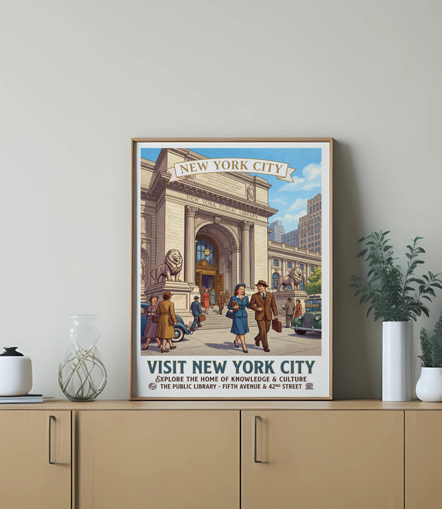 Vintage New York City poster featuring the Public Library and people on Fifth Avenue.