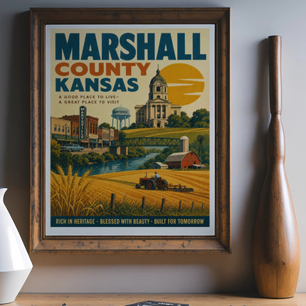 Marshall County Kansas poster with rural farm scene and text.