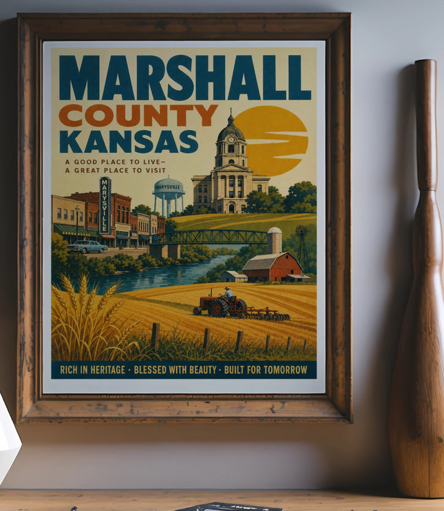 Marshall County Kansas poster with rural farm scene and text.