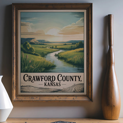 Crawford County, Kansas vintage travel poster with landscape and river.