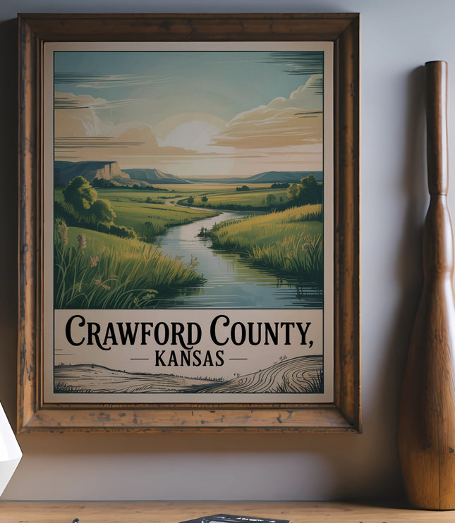 Crawford County, Kansas vintage travel poster with landscape and river.