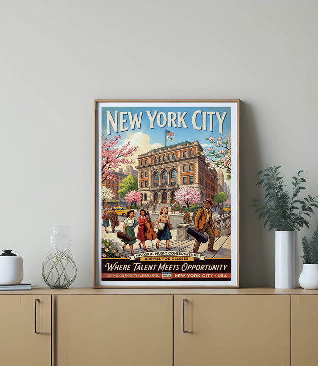 New York City poster depicting Julliard School, students arriving for classes.