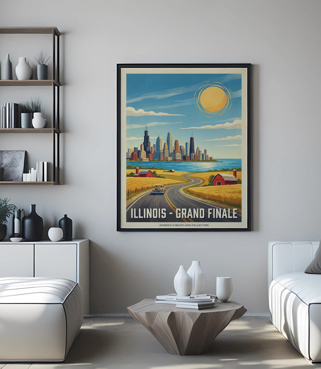 Vintage travel poster of Chicago skyline with text "ILLINOIS - GRAND FINALE".